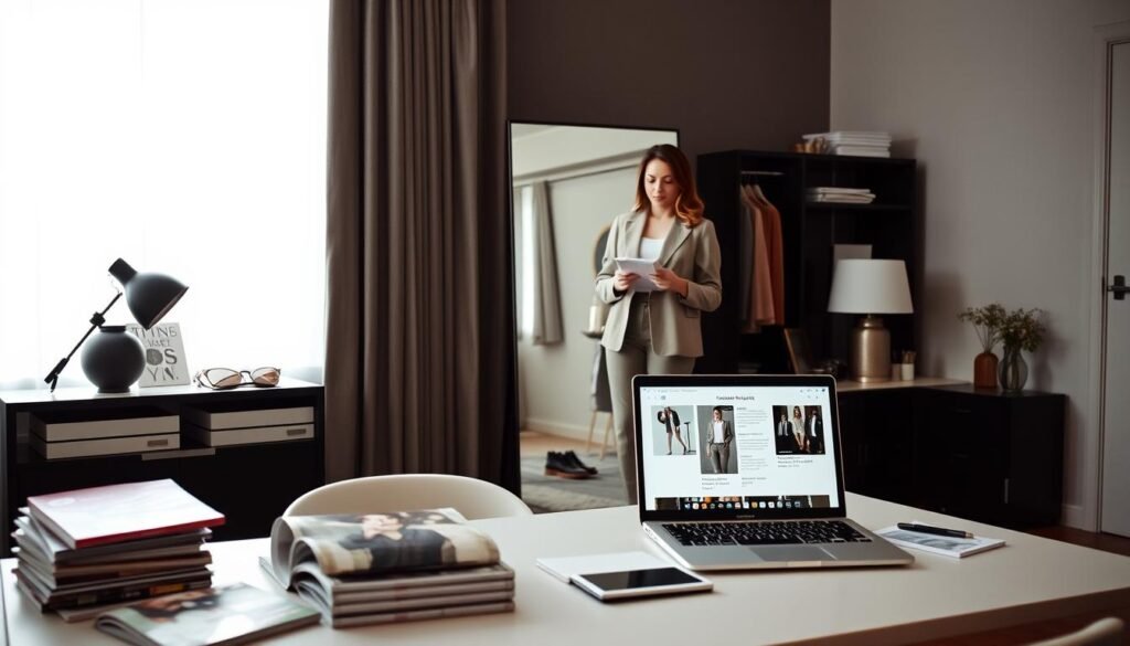 A well-lit, modern home office setting. On the desk, a neatly organized array of fashion magazines, style guides, and a laptop displaying a wardrobe analysis interface. In the foreground, a fashionable woman in a chic outfit stands in front of a full-length mirror, examining her appearance and taking notes. The background features a minimalist, monochromatic color scheme with tasteful decor elements that complement the scene. Soft, directional lighting creates a professional, contemplative atmosphere, highlighting the woman's focused expression as she evaluates her personal style.