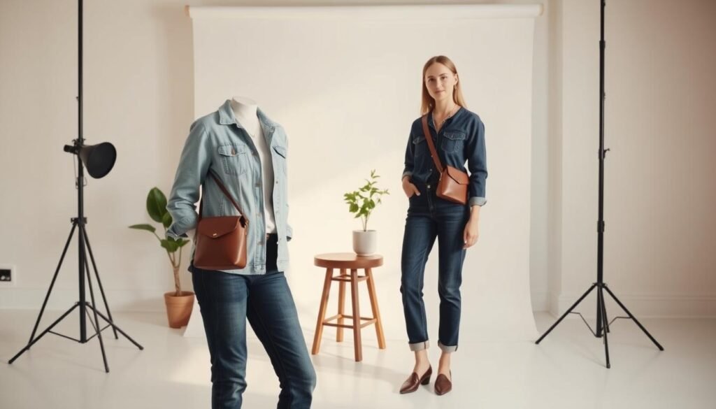 A well-lit studio scene showcasing a smart casual jean outfit styling. In the foreground, a female model wearing a fitted light-wash denim jacket, rolled up at the sleeves, paired with straight-leg dark-wash jeans cuffed at the ankles. Her outfit is accessorized with a simple gold pendant necklace and a leather crossbody bag. The middle ground features a minimalist white backdrop, with a wooden stool and a potted plant providing subtle visual interest. Soft, natural lighting casts a warm, inviting glow, highlighting the textures and details of the outfit. The overall mood is one of effortless sophistication, perfectly capturing the essence of mastering smart casual jean styling.