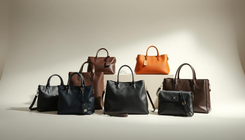 A well-lit studio setting featuring a minimalist arrangement of professional women's bags in various sophisticated styles. The bags are arranged on a simple, neutral-colored backdrop, allowing their design elements and craftsmanship to take center stage. The bags include a range of materials such as refined leather, sleek nylon, and polished metal hardware, showcasing the versatility and functionality suitable for a variety of work settings. The lighting is soft and diffused, creating a serene and elegant atmosphere that highlights the bags' premium quality and timeless aesthetic. The camera angle is slightly elevated, providing a clean, unobstructed view of the curated collection, inviting the viewer to appreciate the bags' refined details and visual appeal.