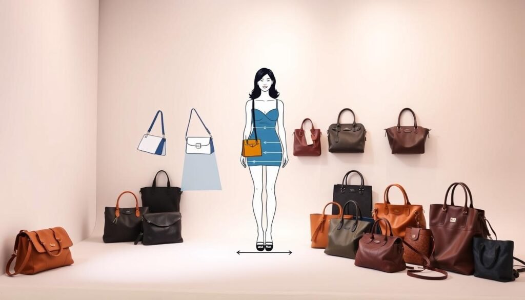 A well-lit studio setting with a clean, minimal background. In the foreground, a detailed illustration of a woman's figure in various body types, with annotated guidelines indicating the ideal bag proportions and silhouettes for each shape. The middle ground features an arrangement of diverse women's handbags, each showcasing different sizes, shapes, and styles. The lighting is soft and diffused, creating a warm, inviting atmosphere that emphasizes the educational nature of the subject matter. The overall composition is balanced, with a clear focus on the central figure and bag proportions, allowing the viewer to easily understand the key styling principles.
