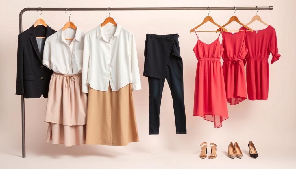 A well-lit studio shot of a curated wardrobe essentials for date outfits, including a classic black blazer, a crisp white button-down shirt, a flowing midi skirt in a neutral tone, a pair of dark skinny jeans, a flirty sundress in a vibrant color, and a pair of versatile heels. The garments are arranged neatly on wooden hangers against a soft, pastel-colored backdrop, creating a clean, minimalist aesthetic. The lighting is soft and diffused, accentuating the texture and quality of the fabrics. The composition is balanced, with the pieces strategically placed to showcase their versatility and timeless appeal, conveying a sense of effortless style and sophistication.