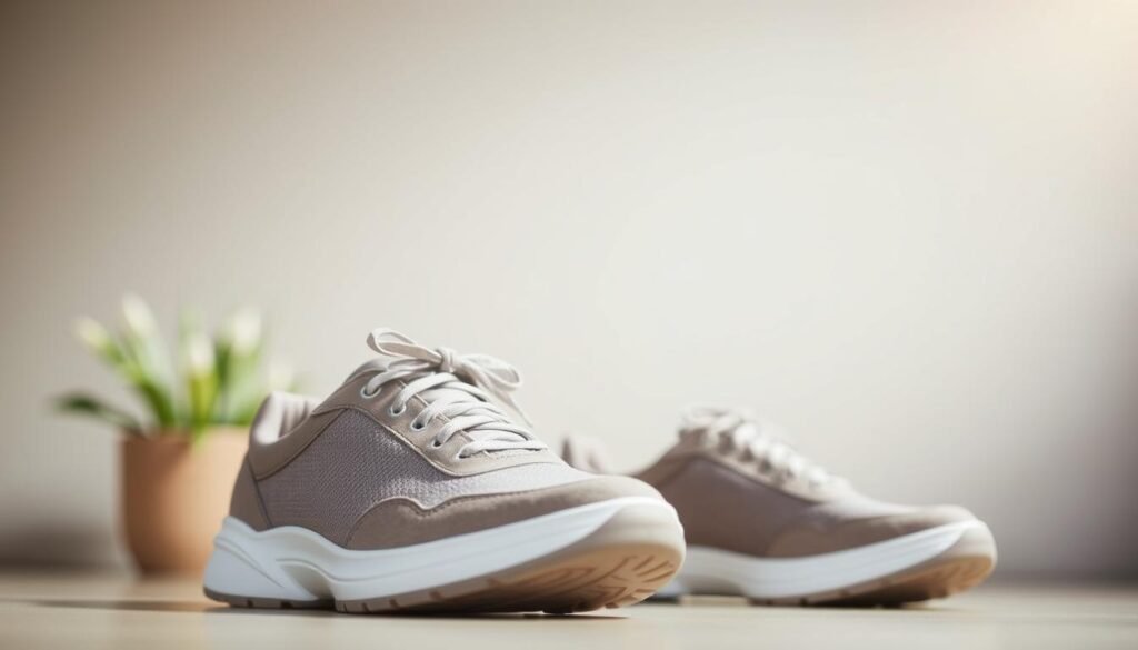 A well-lit, studio-style photograph of a pair of comfortable, stylish spring sneakers. The sneakers are positioned in the foreground, showcasing their clean lines, soft suede or mesh materials, and flexible rubber soles. The mid-ground features a subtle, blurred background with a soft, natural color palette, perhaps hinting at a lush, verdant spring setting. The lighting is directional, creating gentle shadows and highlights that accentuate the sneakers' form and texture. The overall mood is one of casual sophistication, inviting the viewer to imagine how these sneakers would complement a stylish spring outfit.