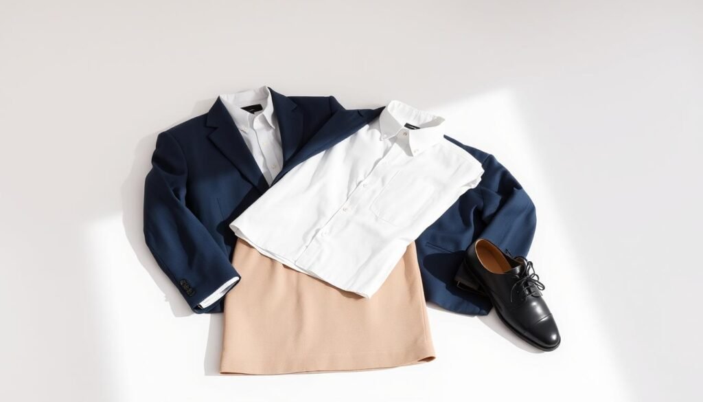 A well-lit studio with a clean, minimalist backdrop. In the foreground, a selection of essential office fashion pieces neatly arranged: a crisp white button-down shirt, a navy blue suit jacket, a neutral-toned pencil skirt, a pair of black leather oxfords, and a classic wristwatch. The items are photographed from a slight angle, casting subtle shadows that add depth and dimension. The lighting is soft and flattering, emphasizing the high-quality fabrics and tailored silhouettes. The overall mood is one of understated elegance and professional polish.