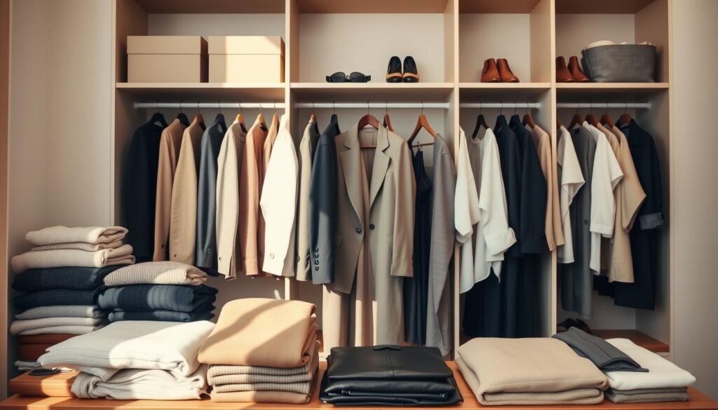 A well-organized and minimalist wardrobe closet with various essential clothing items neatly arranged. The foreground features folded sweaters, button-down shirts, and slacks in neutral tones of beige, gray, and navy. The middle ground showcases a row of hangers with classic blazers, dresses, and blouses in a cohesive color palette. The background displays a few pairs of shoes, belts, and accessories on shelves, creating a sense of order and efficiency. The lighting is soft and natural, casting a warm glow over the space, conveying a serene and inviting atmosphere. The camera angle is slightly elevated, providing a comprehensive view of the organized closet essentials.