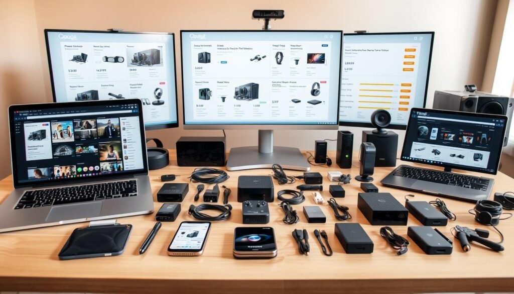 A well-organized electronics shopping comparison guide on a modern desktop, showcasing various gadgets and devices. In the foreground, a laptop, tablet, and smartphone are neatly arranged, their screens displaying product information and price comparisons. In the middle ground, a series of high-tech components, cables, and accessories are displayed in an organized manner, inviting the viewer to explore the details. The background features a clean, minimalist workspace with a large monitor displaying additional product details and ratings. Warm, natural lighting casts a soft glow over the scene, creating a sense of professionalism and authority. The overall atmosphere is one of informed, thoughtful consumer decision-making.