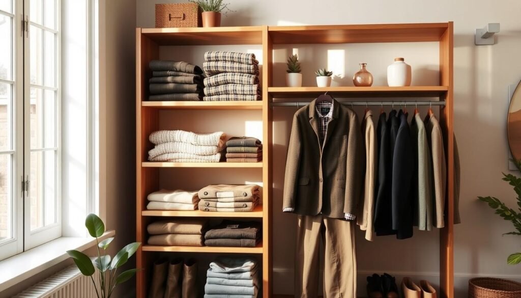 A well-organized wooden shelving unit, illuminated by warm, natural lighting streaming through a nearby window. On the shelves, neatly folded and arranged clothing items, representing a seasonal capsule wardrobe - thick knit sweaters, cozy flannel shirts, structured blazers, and a selection of versatile trousers and skirts. Delicate houseplants and decorative accessories add a touch of intentional styling, conveying a sense of seasonal harmony and effortless elegance. The overall scene exudes a feeling of calm, organized productivity, capturing the essence of adapting a capsule wardrobe for changing seasons.