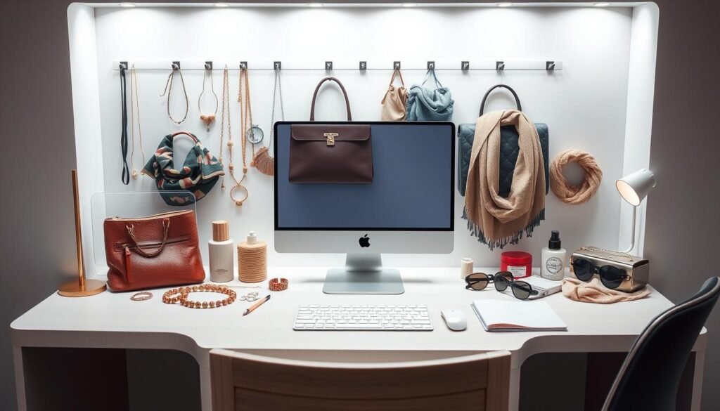 An elegantly designed desktop workspace showcasing a variety of accessories - jewelry, handbags, scarves, and sunglasses arranged in an eye-catching display. Soft, diffused lighting highlights the textures and colors of the different items, creating a serene, inviting atmosphere. Carefully curated product shots are arranged in a visually compelling layout, allowing the viewer to easily compare and contrast the various options. The overall composition exudes a sense of style, sophistication, and the perfect balance between form and function, reflecting the essence of the "Shopping Smart" section.