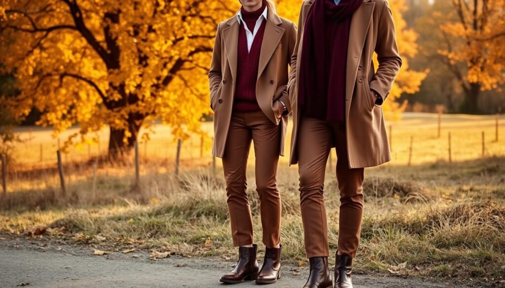 Autumn layering tips for stylish outfits: A cozy knit sweater in a rich, autumnal hue draped over a crisp, white collared shirt, paired with well-tailored trousers in a complementary shade. In the foreground, leather ankle boots with a sturdy heel add a touch of rugged elegance. The middle ground features a structured, camel-colored coat, its lapels framing the face, while a burgundy scarf adds a pop of color. In the background, a lush, golden-hued landscape with trees shedding their leaves, bathed in warm, diffused natural light, creates a serene, autumnal ambiance. The entire scene exudes a sense of refined, effortless style.