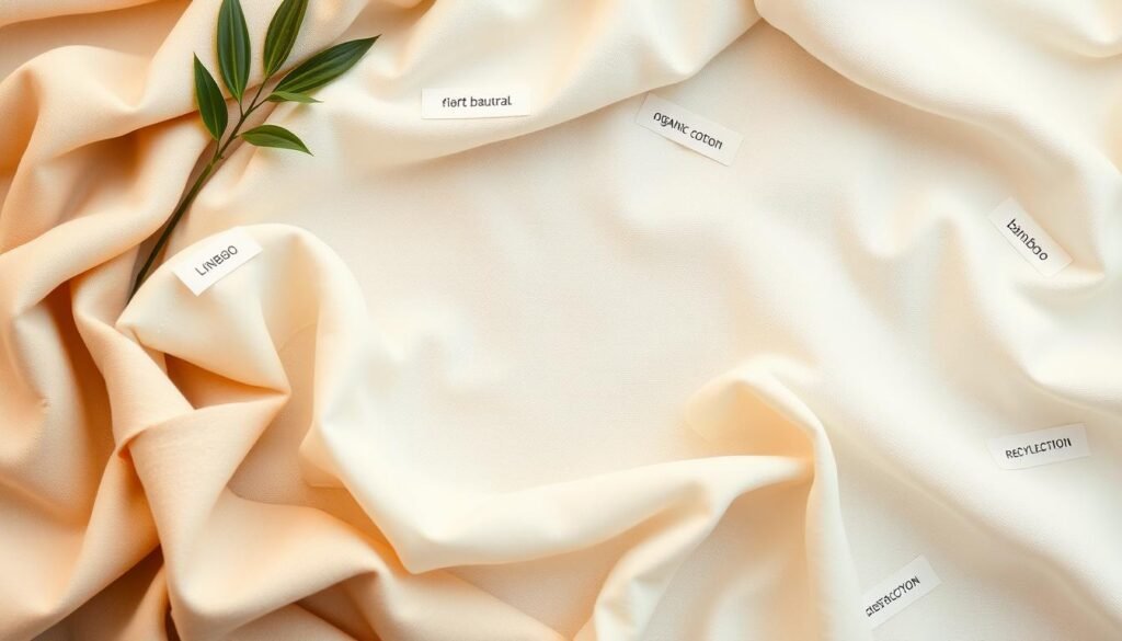 Detailed sustainable fabrics guide in a clean, modern layout. Soft, natural fabrics like organic cotton, linen, bamboo, and recycled polyester fill the frame. Samples of textiles in neutral tones with subtle patterns are arranged neatly, with informative labels describing their eco-friendly properties. A minimalist plant or botanical element adds a fresh, nature-inspired accent. Warm, diffused lighting highlights the materials' textures and color nuances. The overall composition is aspirational yet practical, inviting the viewer to explore sustainable fashion choices.