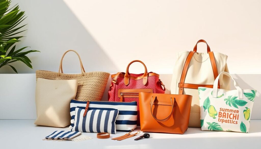 Elegant assortment of fashionable summer bags arranged on a minimalist background. A sleek straw tote bag, a vibrant woven crossbody, a practical canvas backpack, and a chic leather clutch occupy the foreground, each complementing a different summer outfit and occasion. Soft, natural lighting illuminates the bags, highlighting their unique textures and high-quality craftsmanship. The middle ground features a selection of smaller accessories like a striped canvas pouch and a tropical-inspired beach tote, while the background showcases a serene, sun-drenched setting with lush greenery, evoking the carefree spirit of summer.