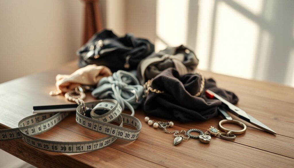 Elegant still life photography of a wooden table with a tape measure, a pair of scissors, a sewing kit, and various fashion accessories like scarves, jewelry, and small clothing items. Soft, natural lighting illuminates the scene, casting warm shadows. The arrangement conveys a sense of organization and thoughtful wardrobe assessment. The items are positioned in the foreground, with a blurred background suggesting a neutral interior space. The overall mood is one of introspection and personal style curation.