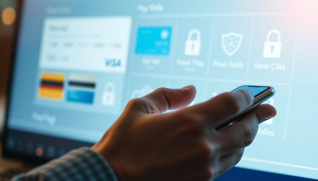 Secure online payments: a sleek, modern interface showcases a variety of payment options, from credit cards to digital wallets. In the foreground, a customer's hand hovers over a mobile device, ready to complete a seamless transaction. The background features a clean, minimalist design with subtle security icons, conveying a sense of trust and reliability. Soft, directional lighting casts a warm glow, while the camera angle suggests a close, intimate view of the transaction process. The overall mood is one of confidence, efficiency, and consumer protection, reflecting the importance of choosing secure payment methods when shopping online.