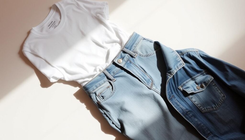 Soft lighting illuminates a minimalist, elegant composition of classic denim essentials - a pair of light-wash, relaxed-fit jeans, a crisp white t-shirt, and a well-worn denim jacket. The items are neatly arranged on a clean, off-white background, creating a simple yet stylish visual guide. The lighting emphasizes the textures and folds of the fabrics, showcasing the quality and versatility of these timeless wardrobe staples. The overall mood is one of effortless, understated sophistication - a visual representation of the "Classic Jeans Styling Guide for Effortless Casual Chic".